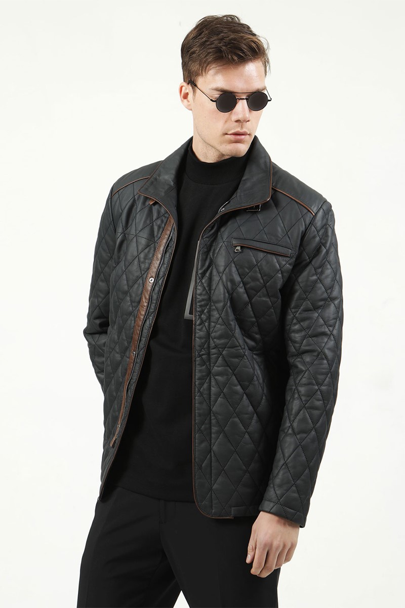 Casaco Curto Masculino de Couro Genuíno E-1012 - Preto #317607