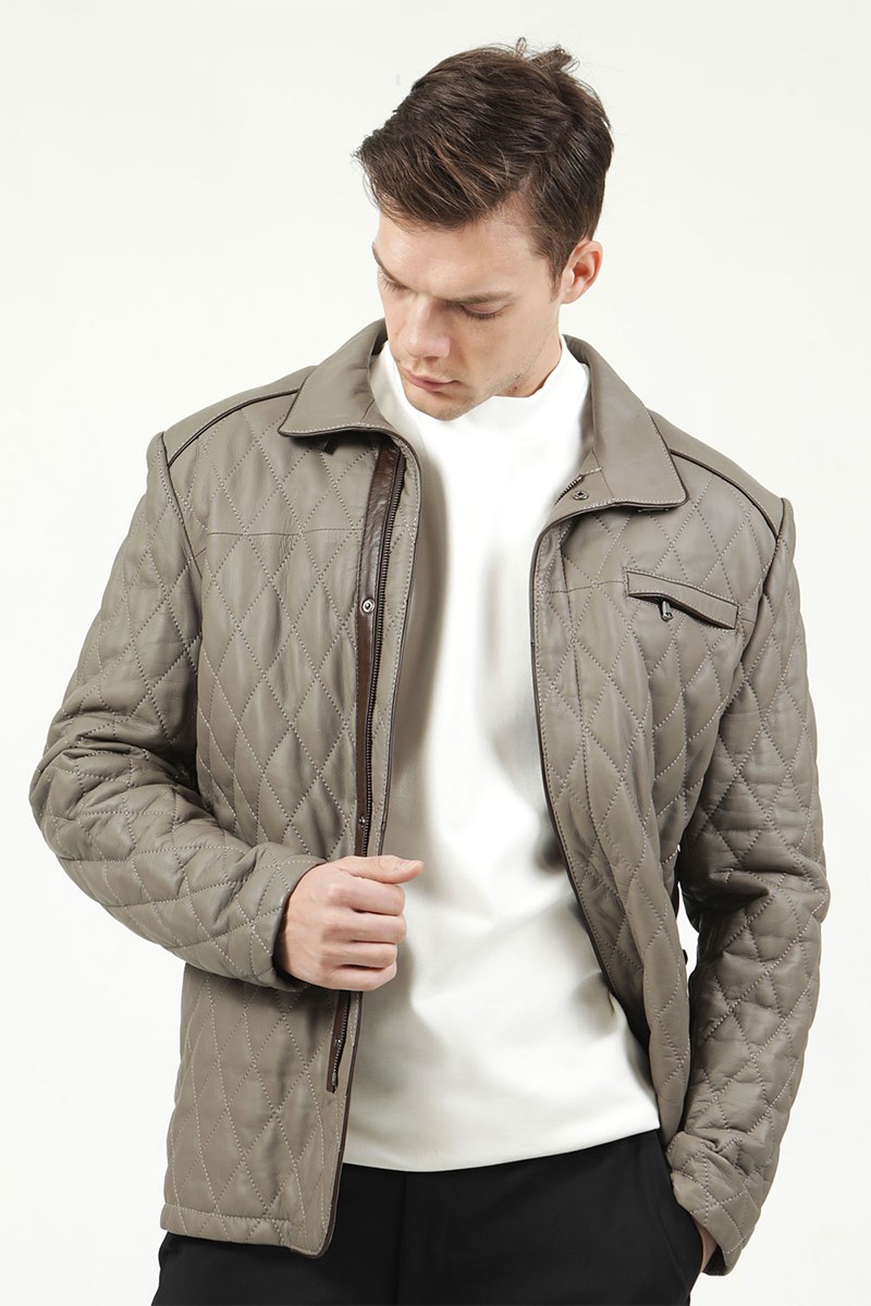 Men's Real Leather Coat - Light Grey #317609