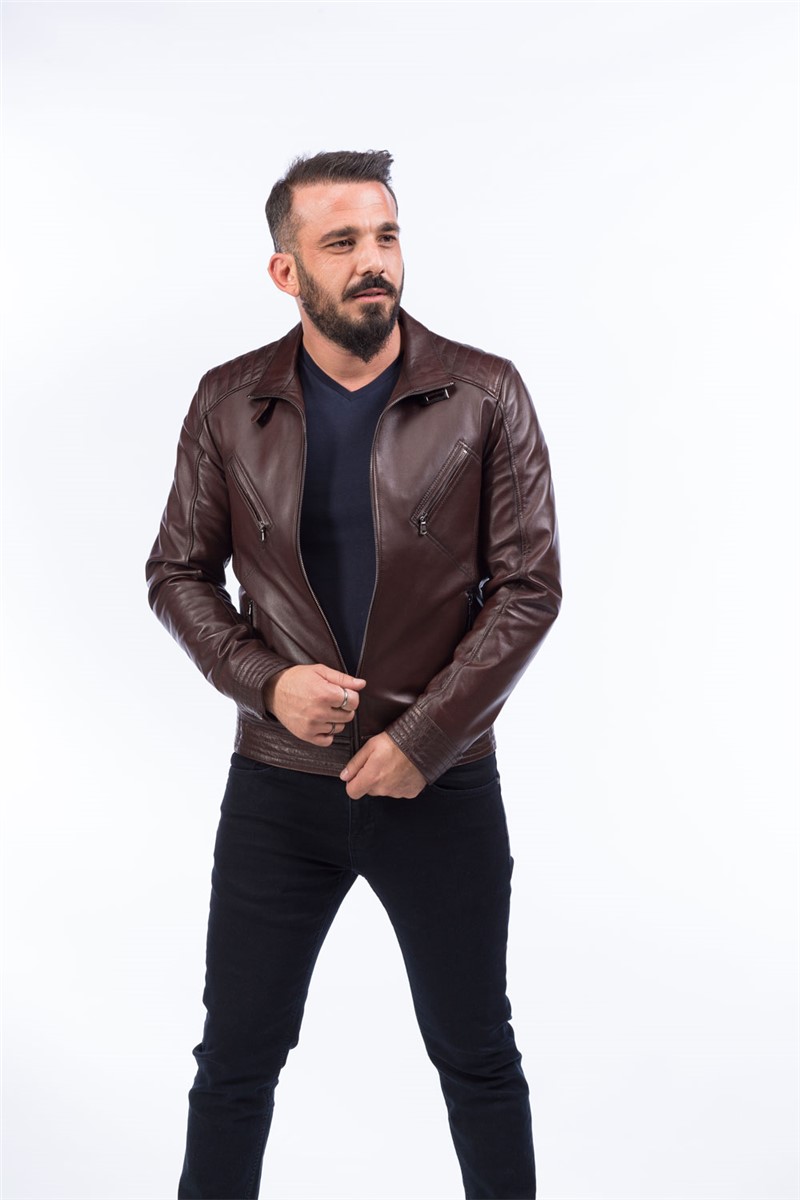 Jaqueta Masculina de Couro Genuíno E-1015 - Marrom #317620