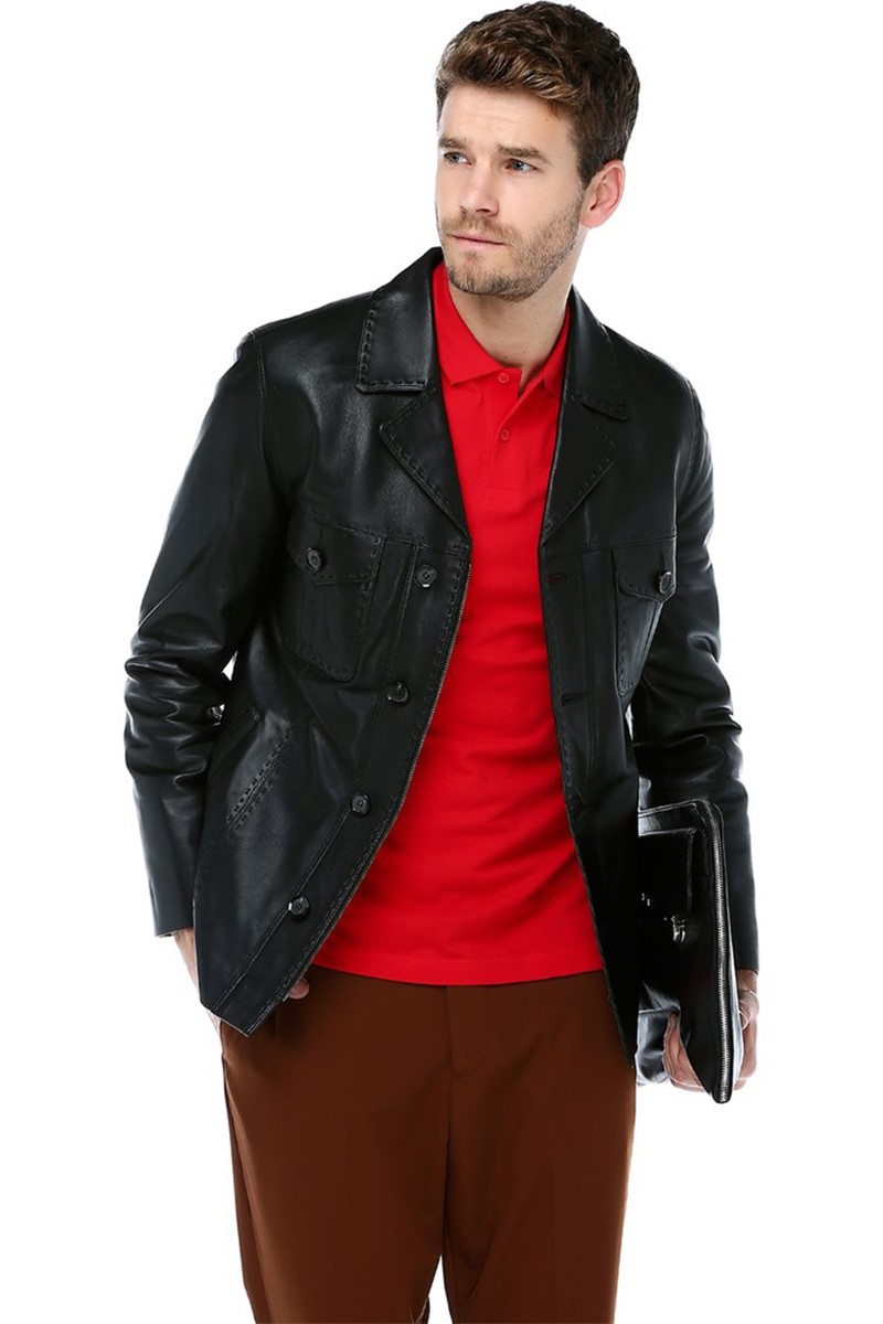 Jaqueta masculina de couro genuíno E-1024 - preta #317621