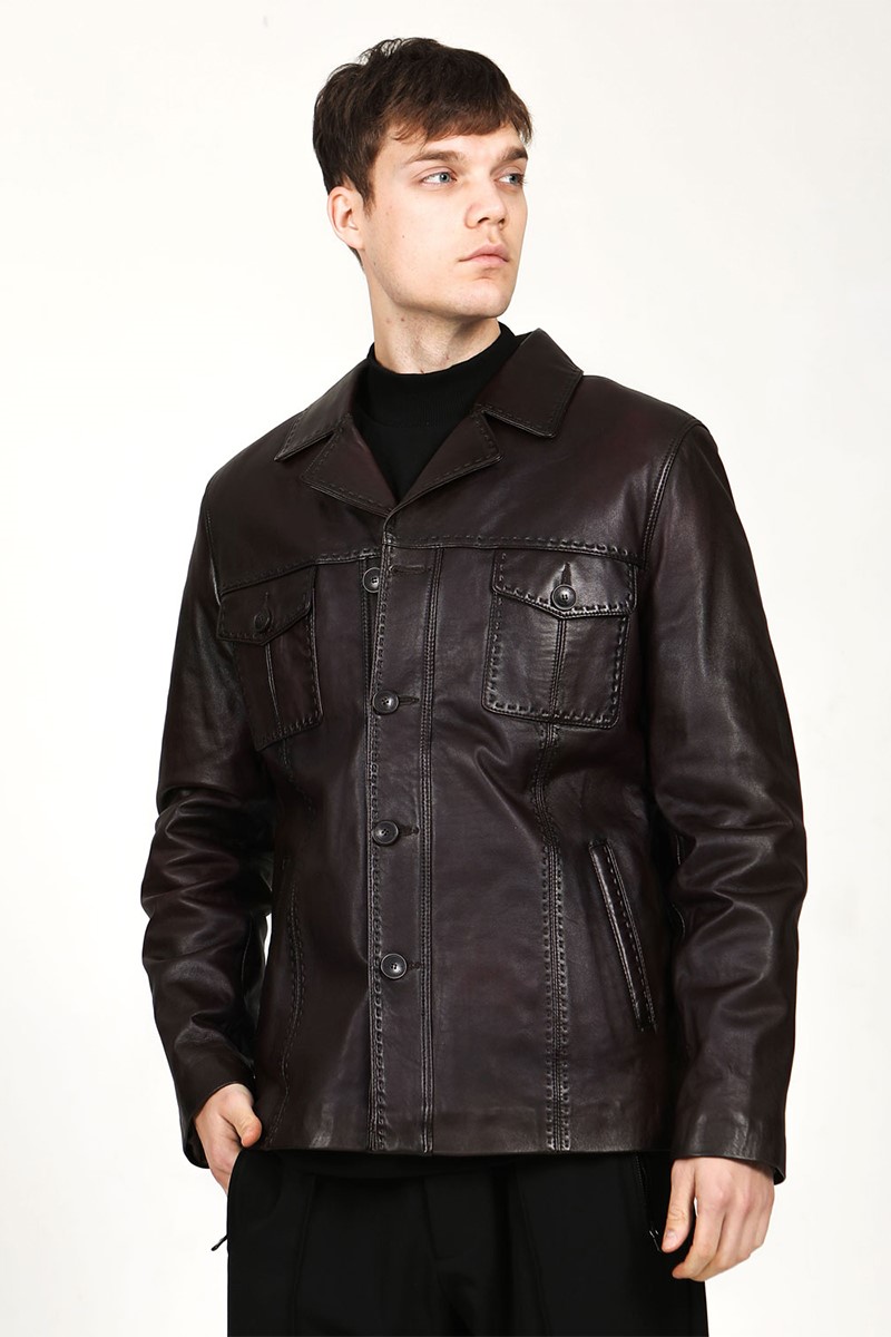 Jaqueta masculina de couro genuíno E-1024 - marrom escuro #317627