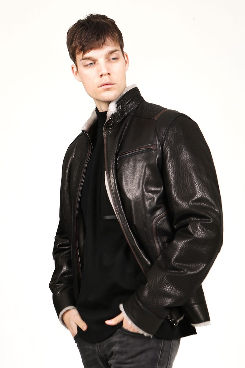Muška jakna od prave kože s toplom postavom E-1044 - crna #317665