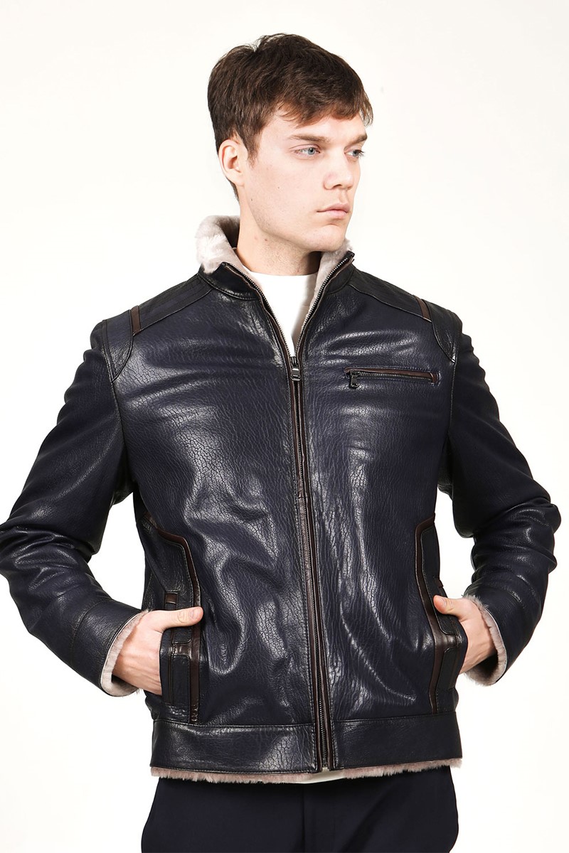Muška jakna od prave kože s toplom postavom E-1044 - tamnoplava #317666