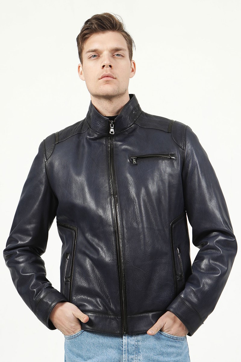 Men's Real Leather Jacket - Dark Blue #317661
