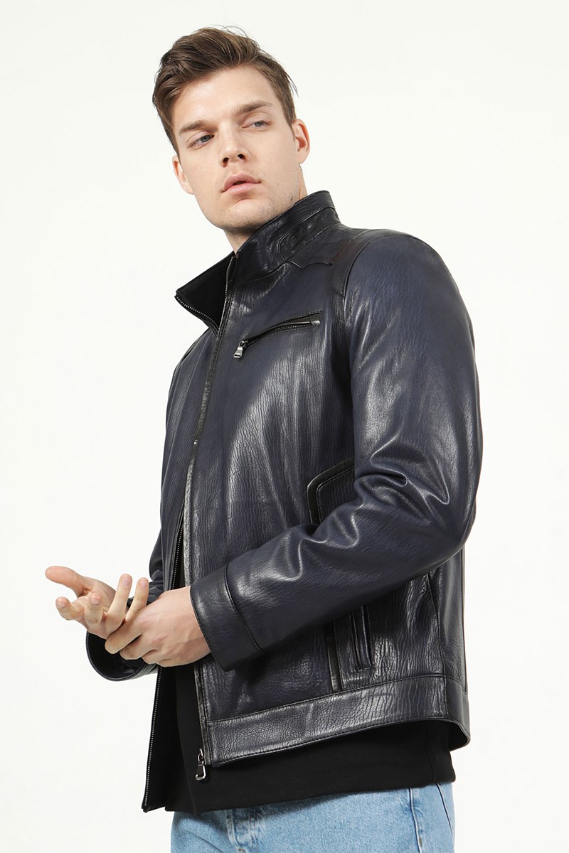 Muška jakna od prave kože E-1044 - tamnoplava #317669