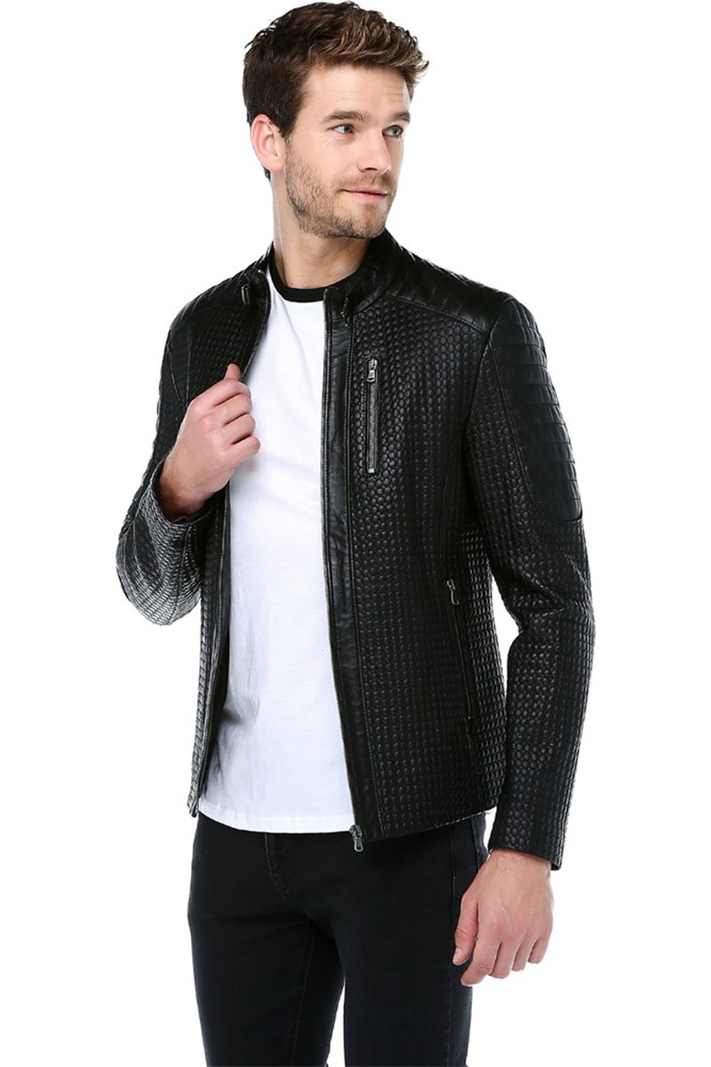 Jaqueta masculina de couro genuíno E-1055 - preta #318205