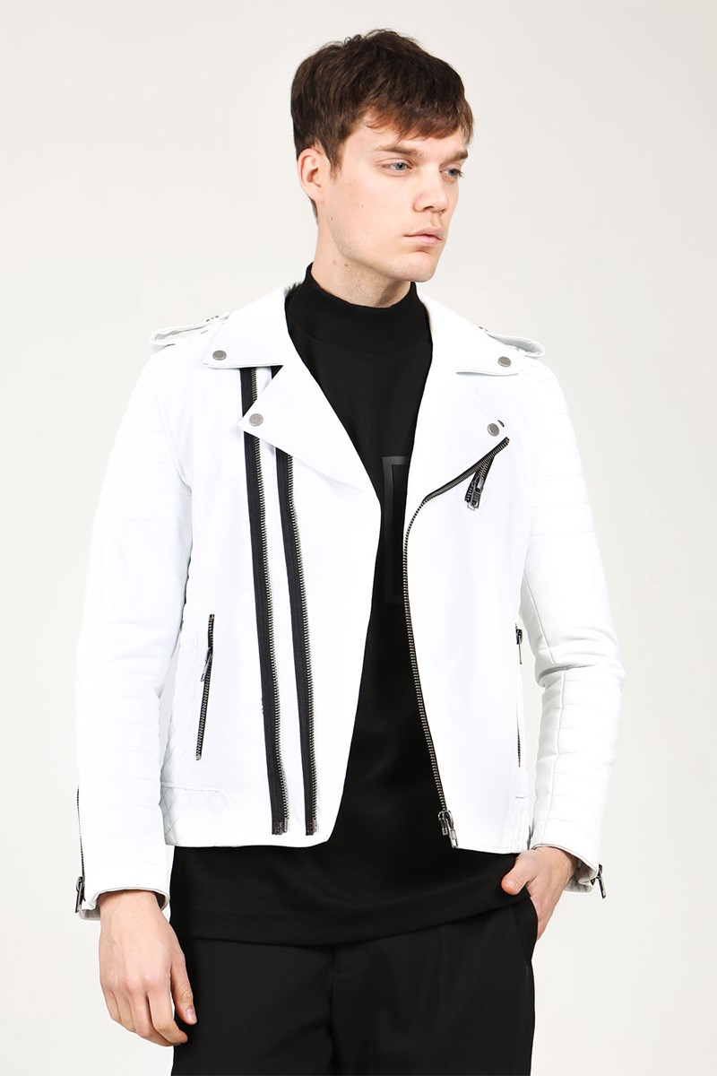 Men's Real Leather Jacket - White #318236