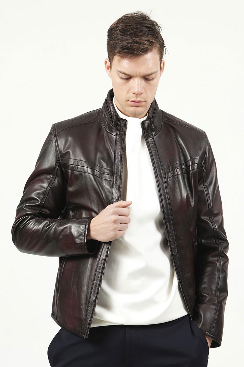 Muška jakna od prave kože E-1097 - tamno smeđa #318630