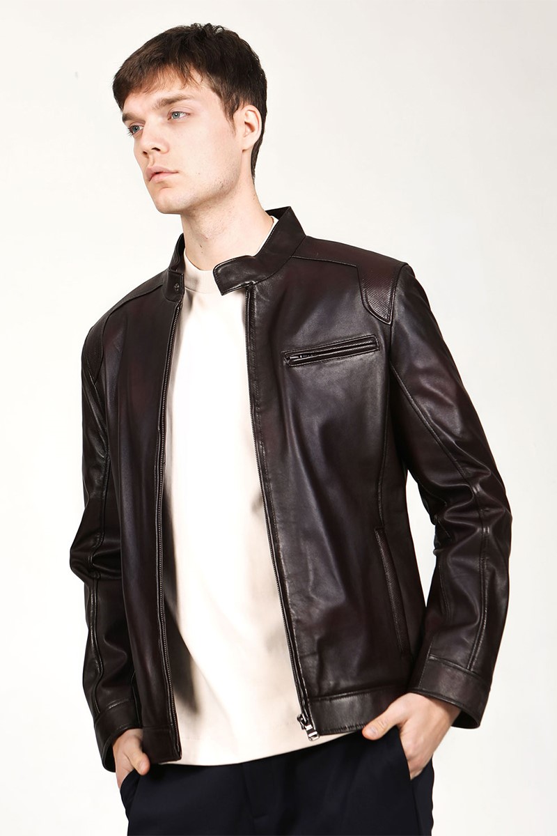 Muška jakna od prave kože E-178 - tamno smeđa #318652