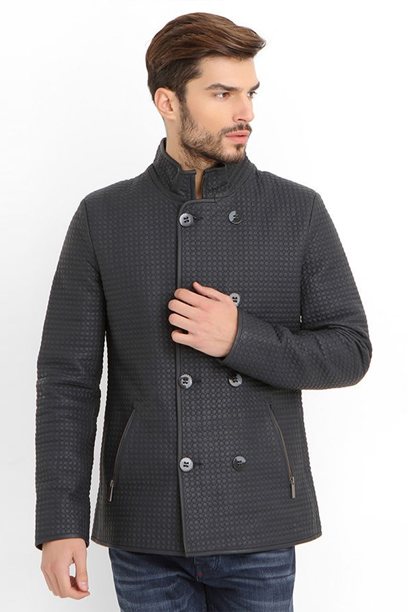 Casaco Masculino de Couro Genuíno E-4709 - Cinza Escuro #318670