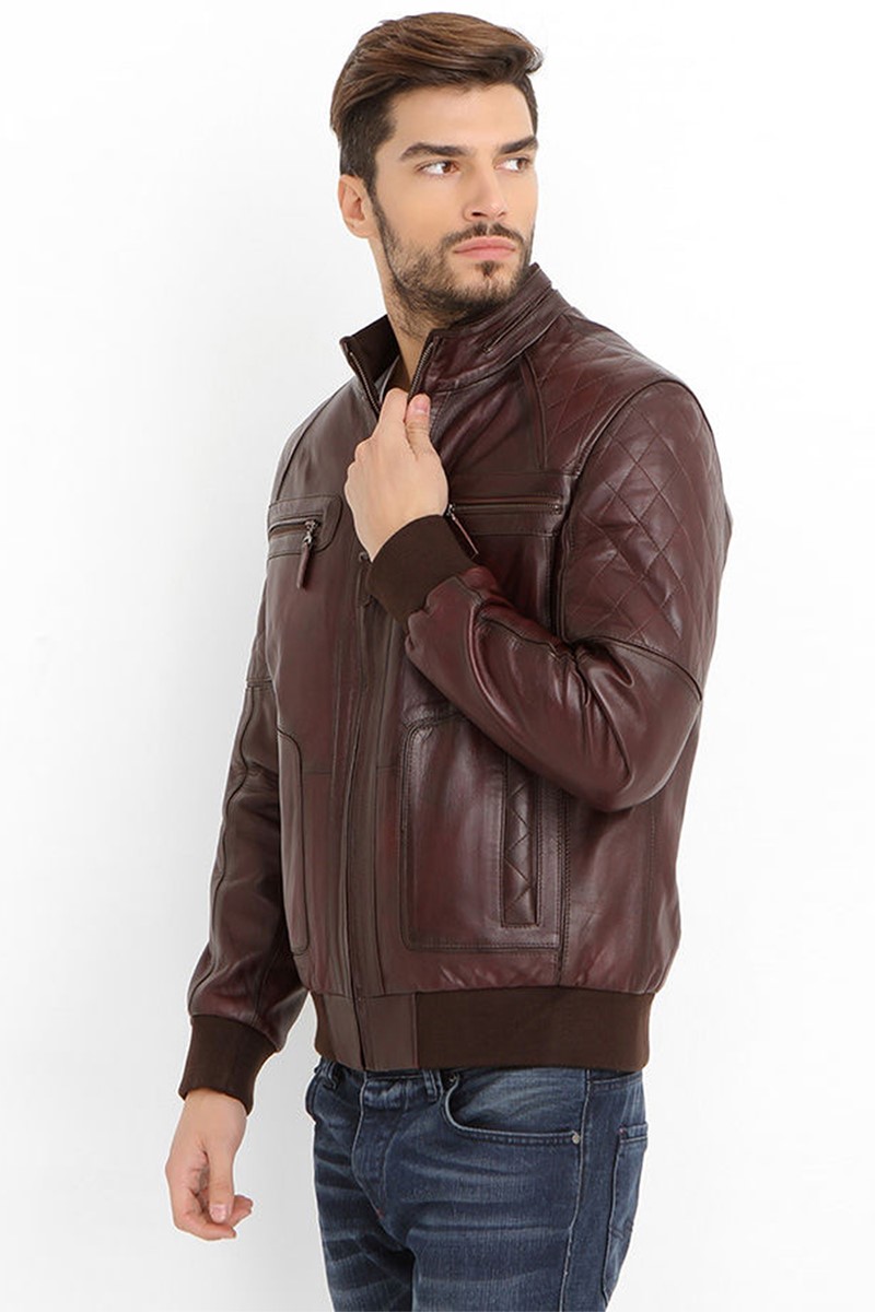 Jaqueta masculina de couro genuíno E-862 - Bordeaux #318675