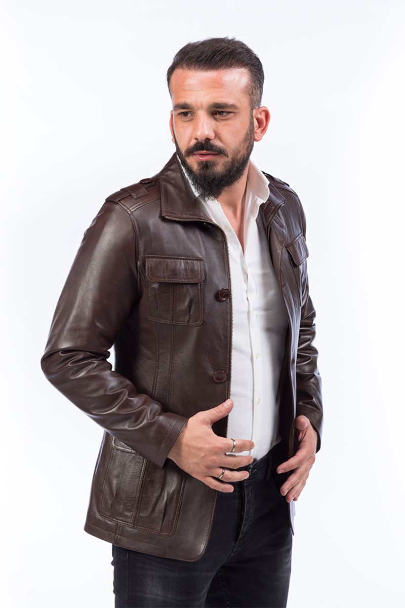 Casaco Masculino de Couro Genuíno E-896 - Marrom #318683