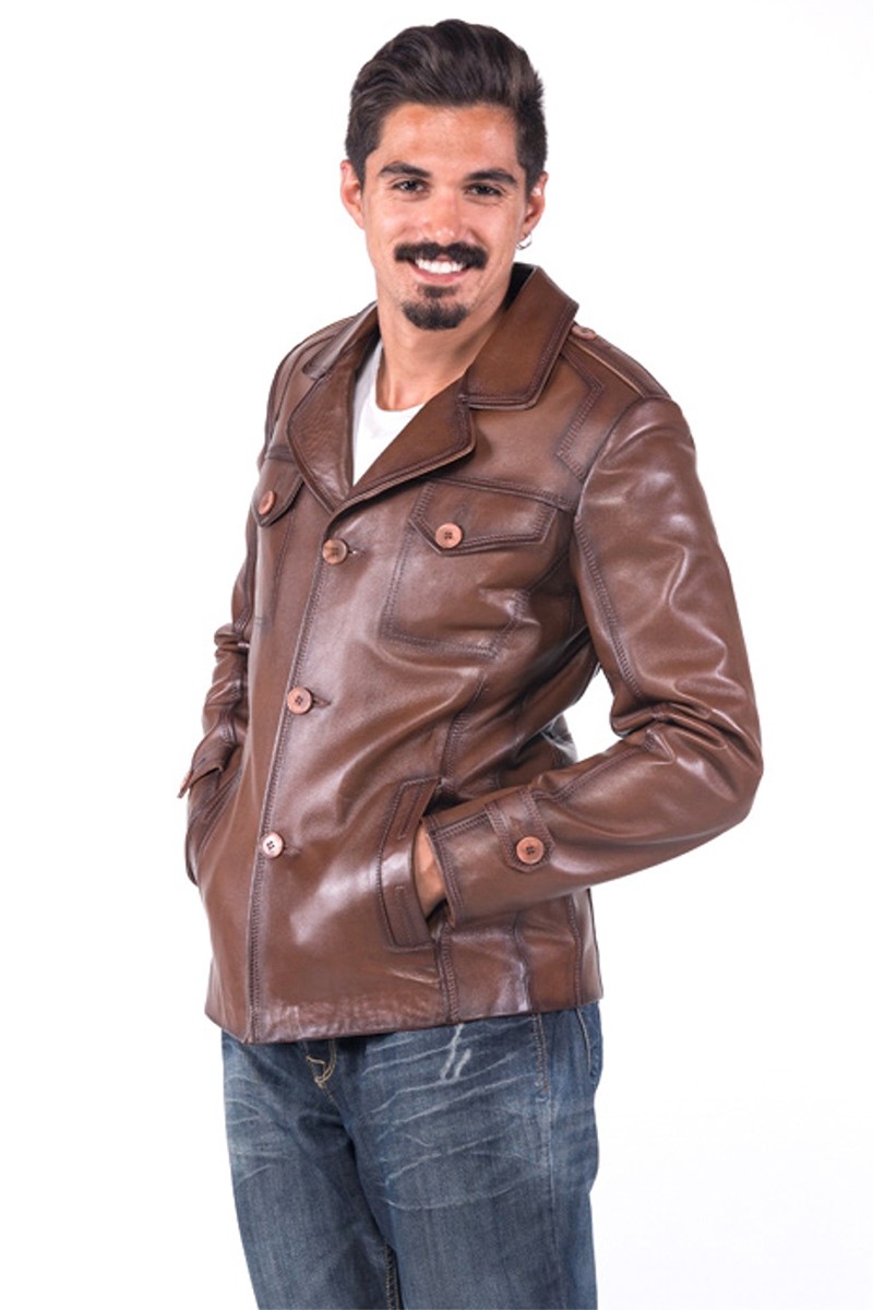Jaqueta Masculina de Couro Genuíno E-926 - Marrom #319076