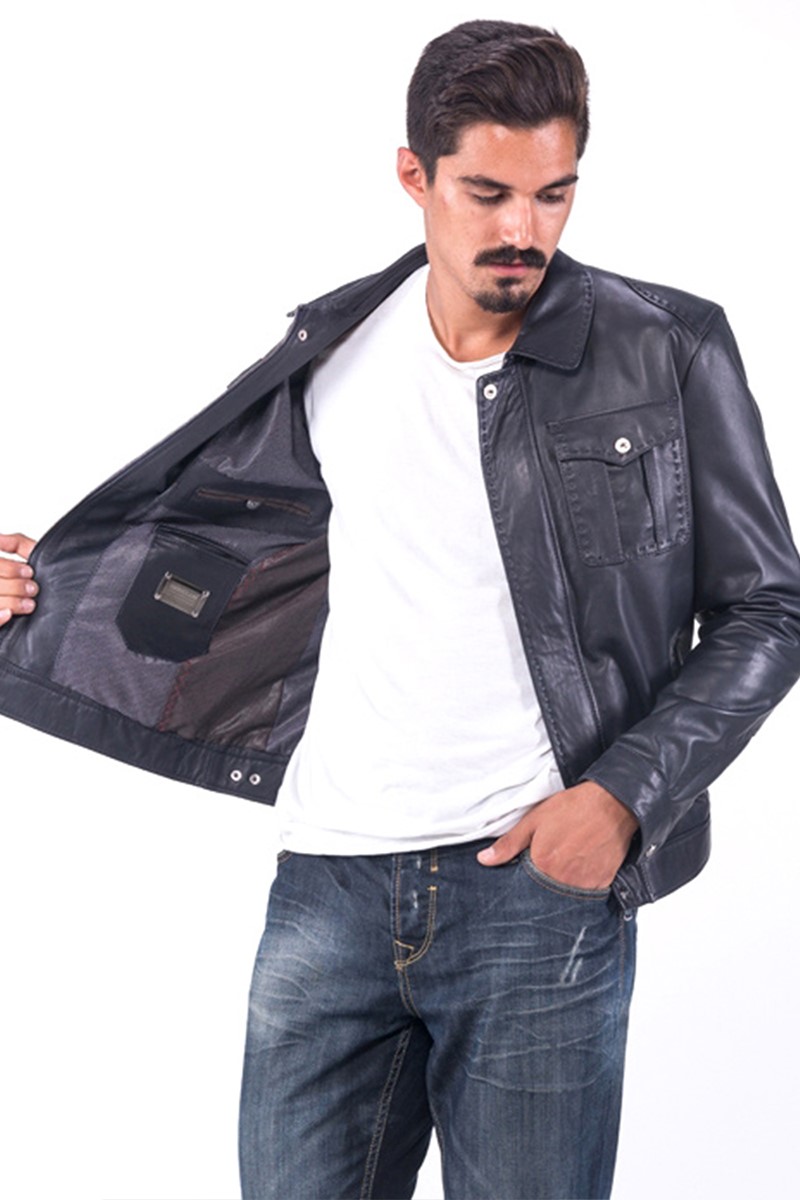 Men's Real Leather Jacket - Dark Blue #319080