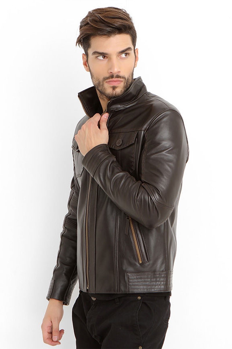 Muška jakna od prave kože E-945 - tamno smeđa #319087