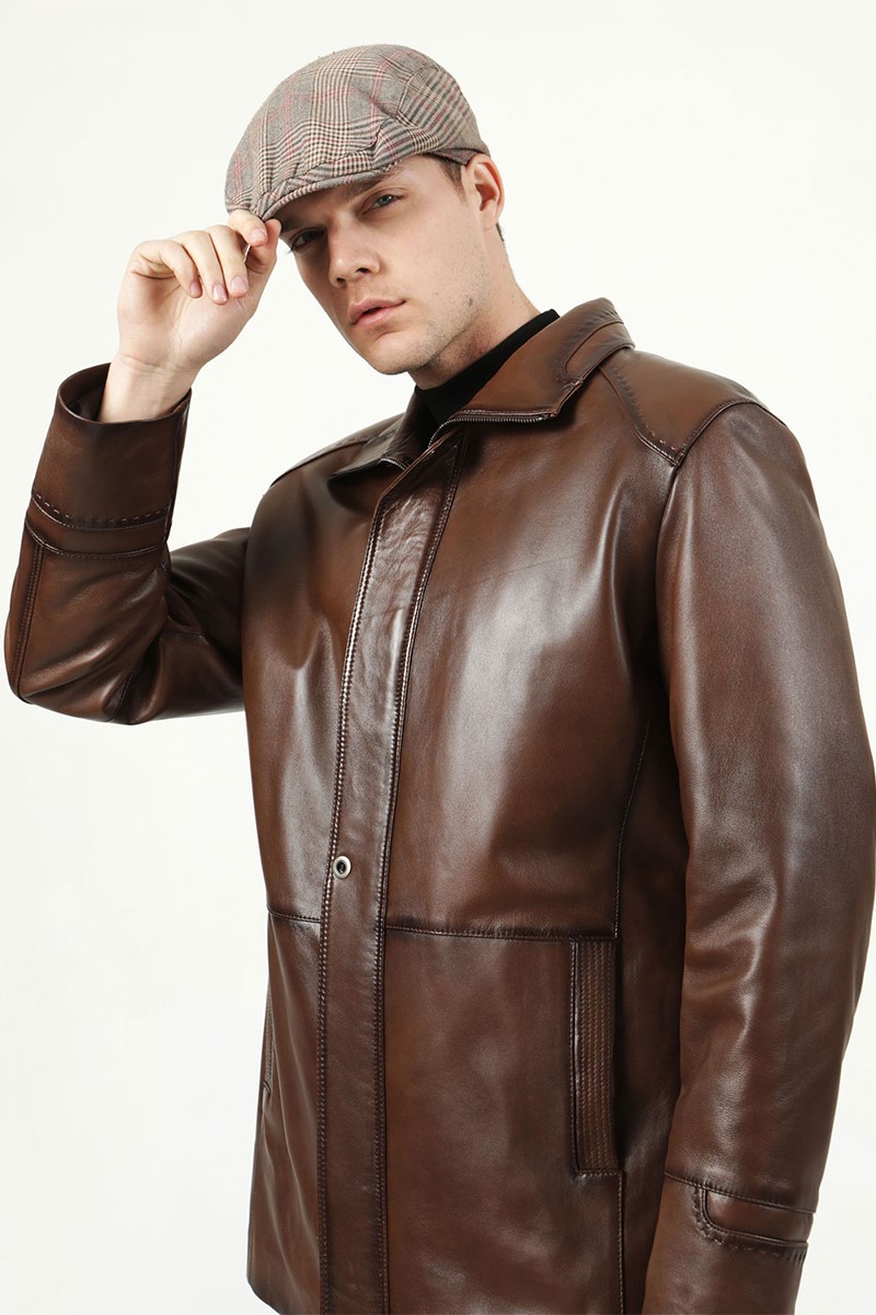 Muški kaput od prave kože E-992 - smeđi #319106