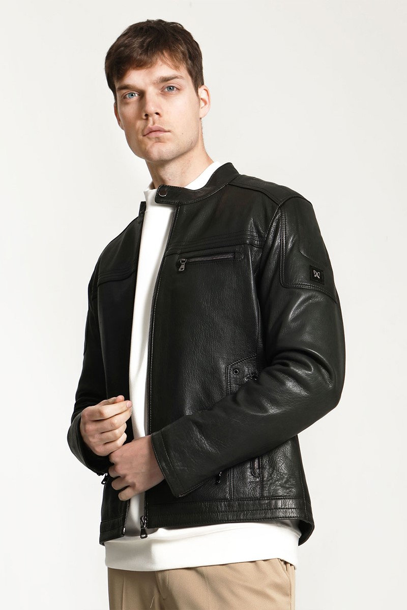 Férfi valódi bőrdzseki - sötétzöld #319145