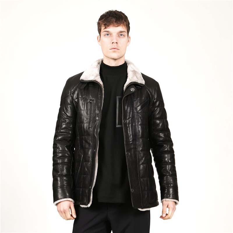 DERİCLUB Men's Faux Leather Coat with Scrawl Lining E2012 - Black #366173