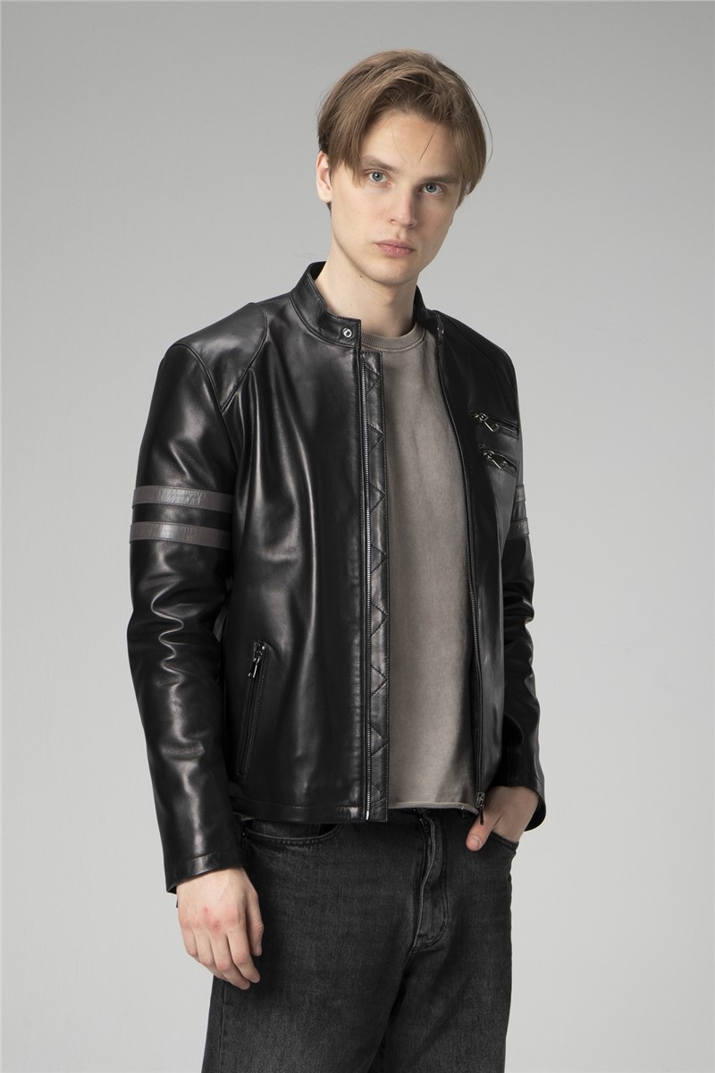Men's Genuine Leather Jacket E2202 - Black #358133