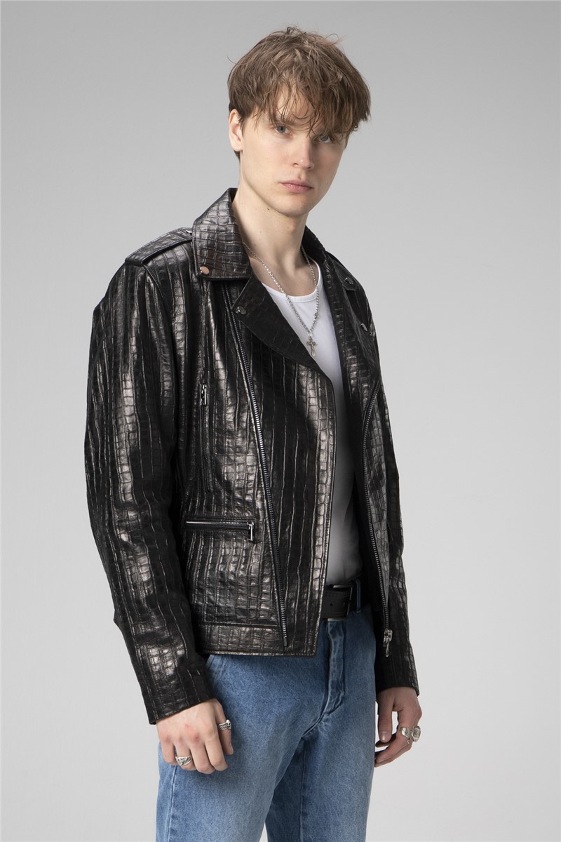 Men's Genuine Leather Jacket E2207 - Black #358869