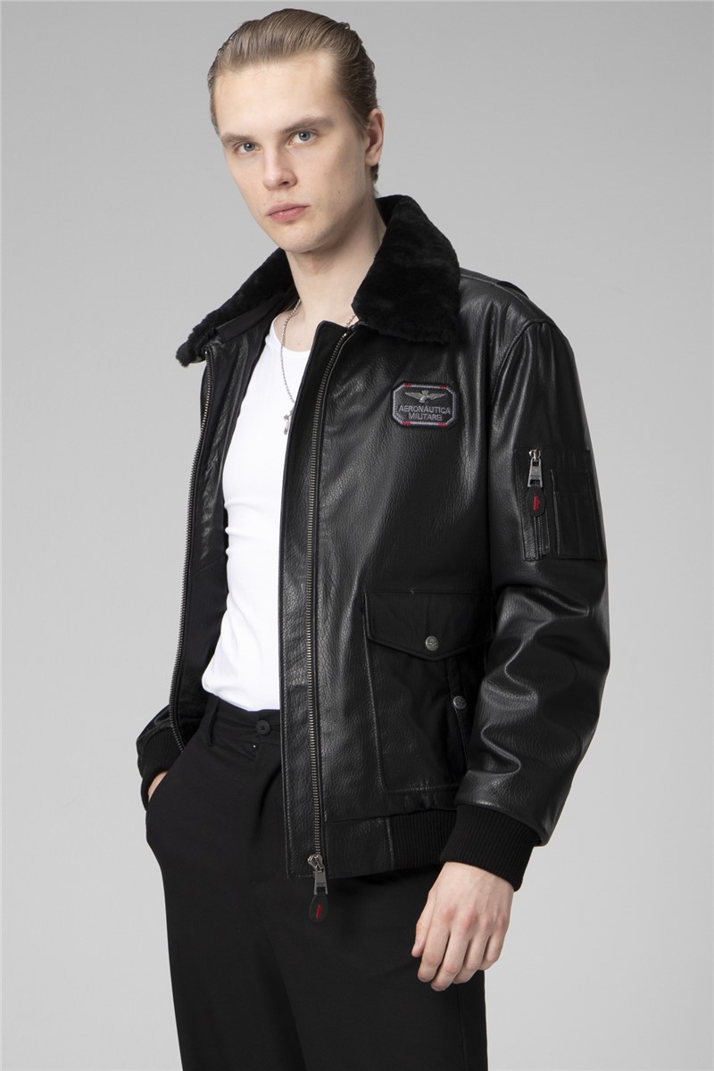 Men's Genuine Leather Jacket with Scrawl Collar - Black #359181