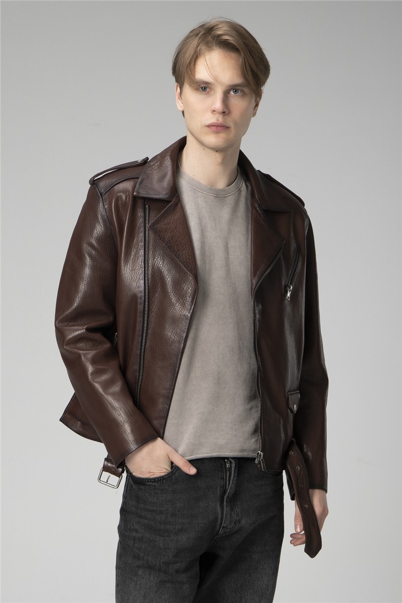 Muška jakna od prave kože - tamno smeđa #358180