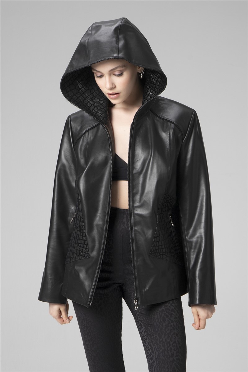 Women's Genuine Leather Hooded Coat K2369 - Black #362074