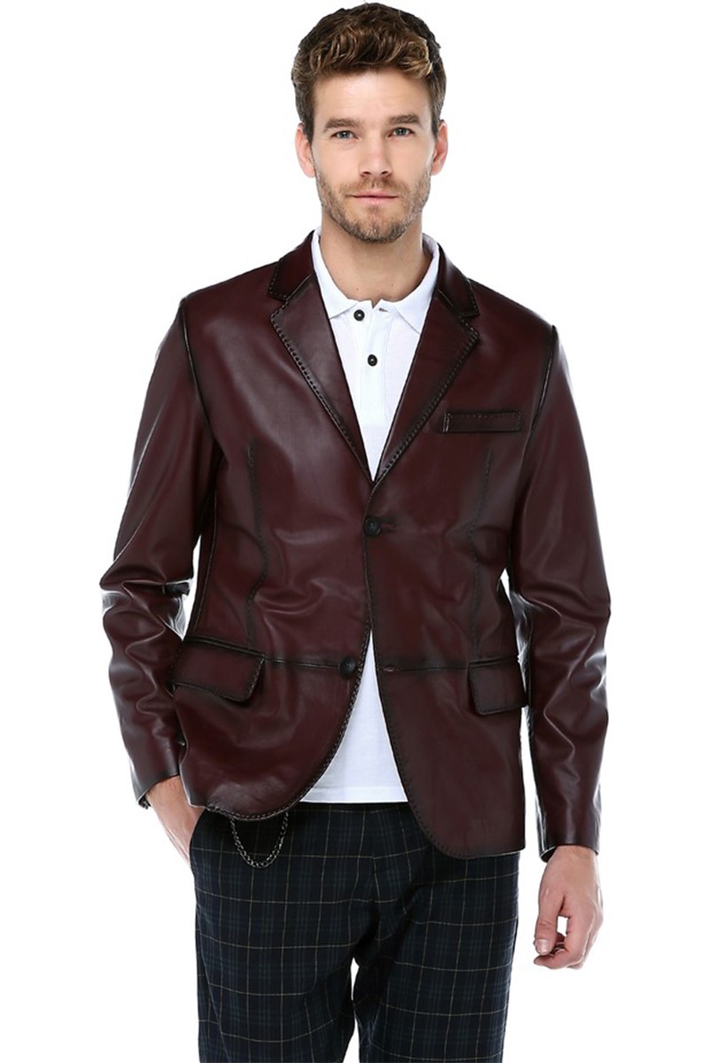 Men's Real Leather Blazer Jacket - Burgundy #318391