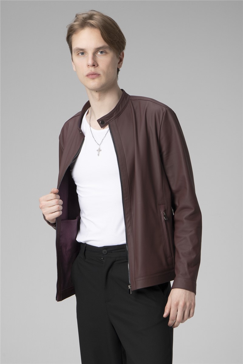 Muška jakna od prave kože - tamno smeđa #358148