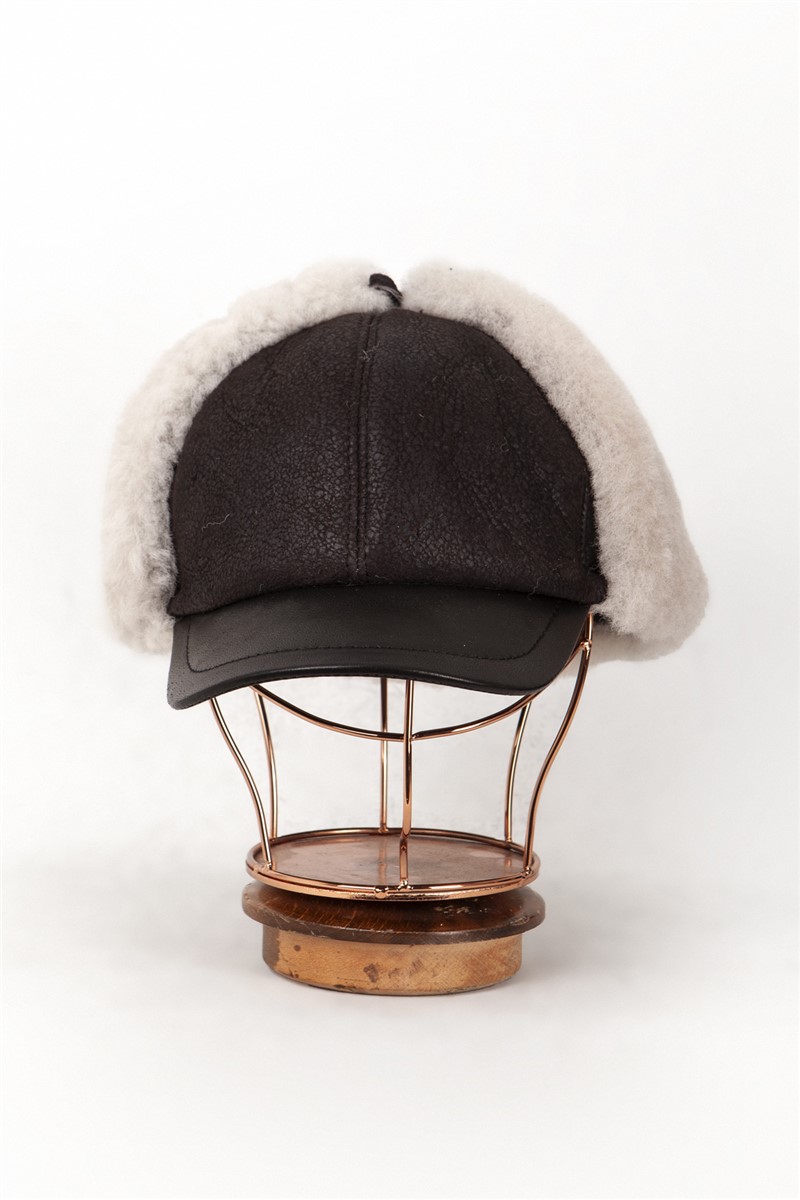 DERİCLUB Men's Genuine Leather Hat - Dark Brown with Mink #369875