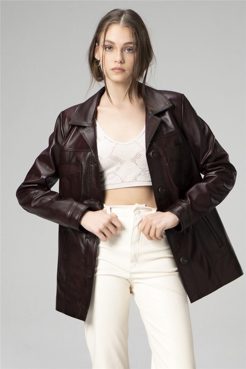 Women's Genuine Leather Jacket WM032 - Dark Brown #358237