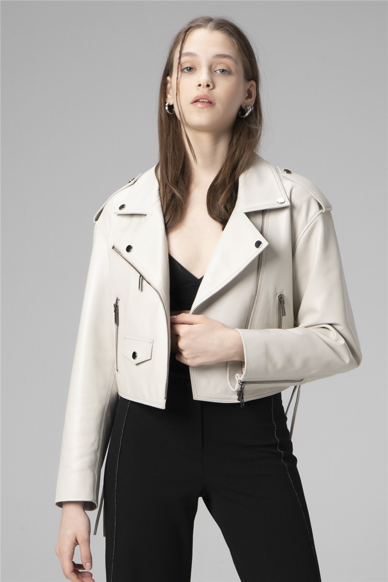 Women's Genuine Leather Jacket WM038/A - Light Beige #358157