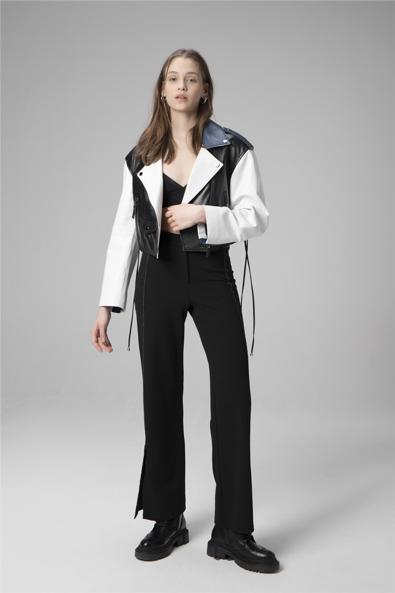 Women's Genuine Leather Jacket WM038/A - Black-White #358161