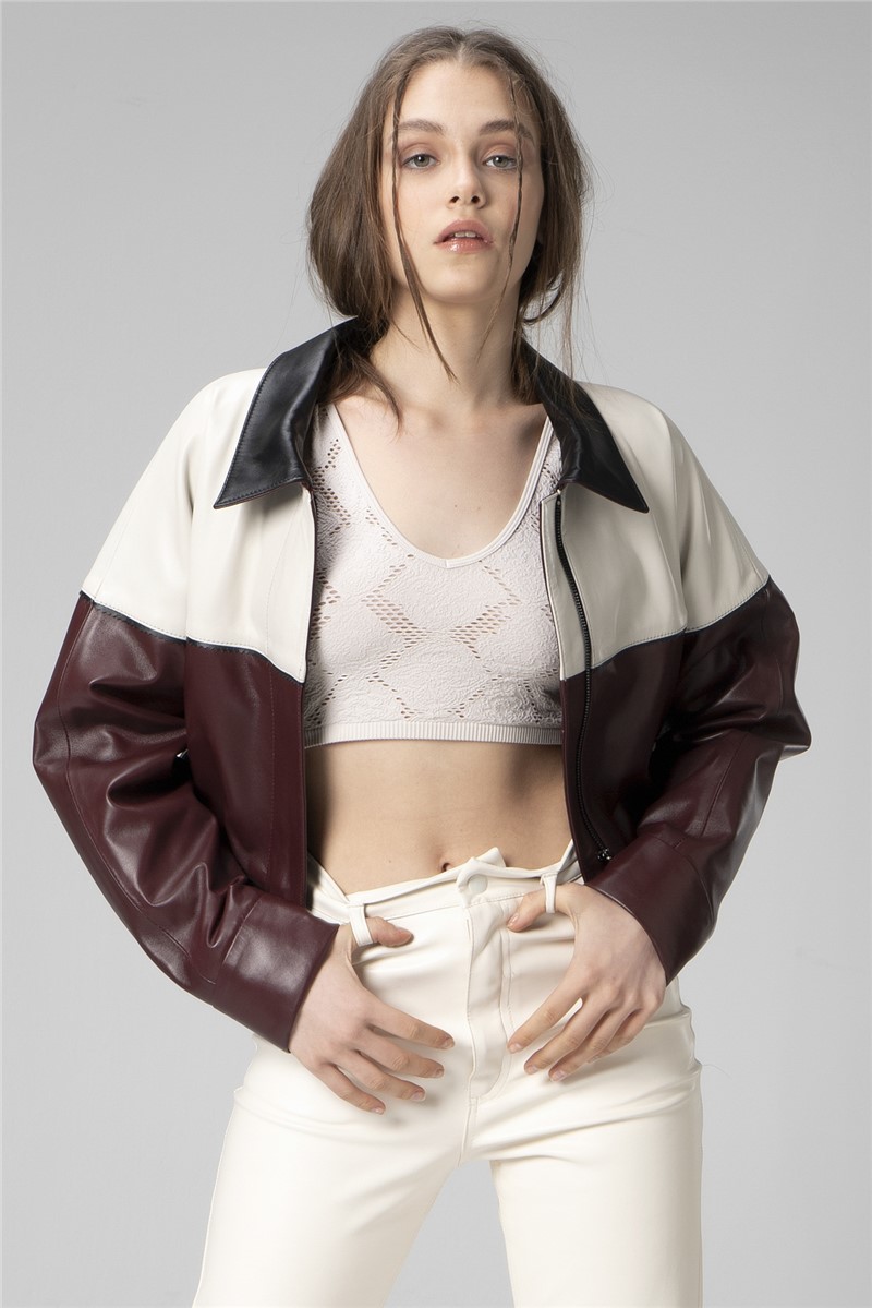 DERICLUB Giacca Donna vera pelle WM053 - Bordeaux/Beige #358169