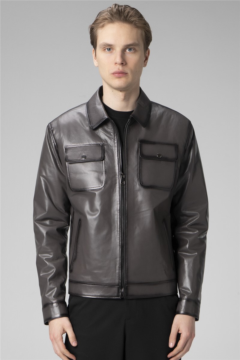 Men's Genuine Leather Jacket WM218 - Dark Gray #358189