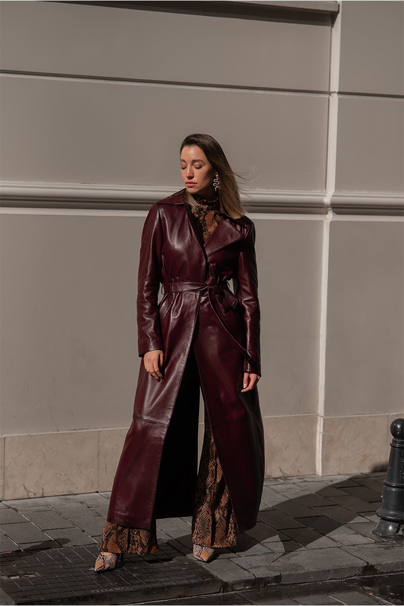 Women's long raincoat made of genuine leather WM30 - Bordeaux #321323