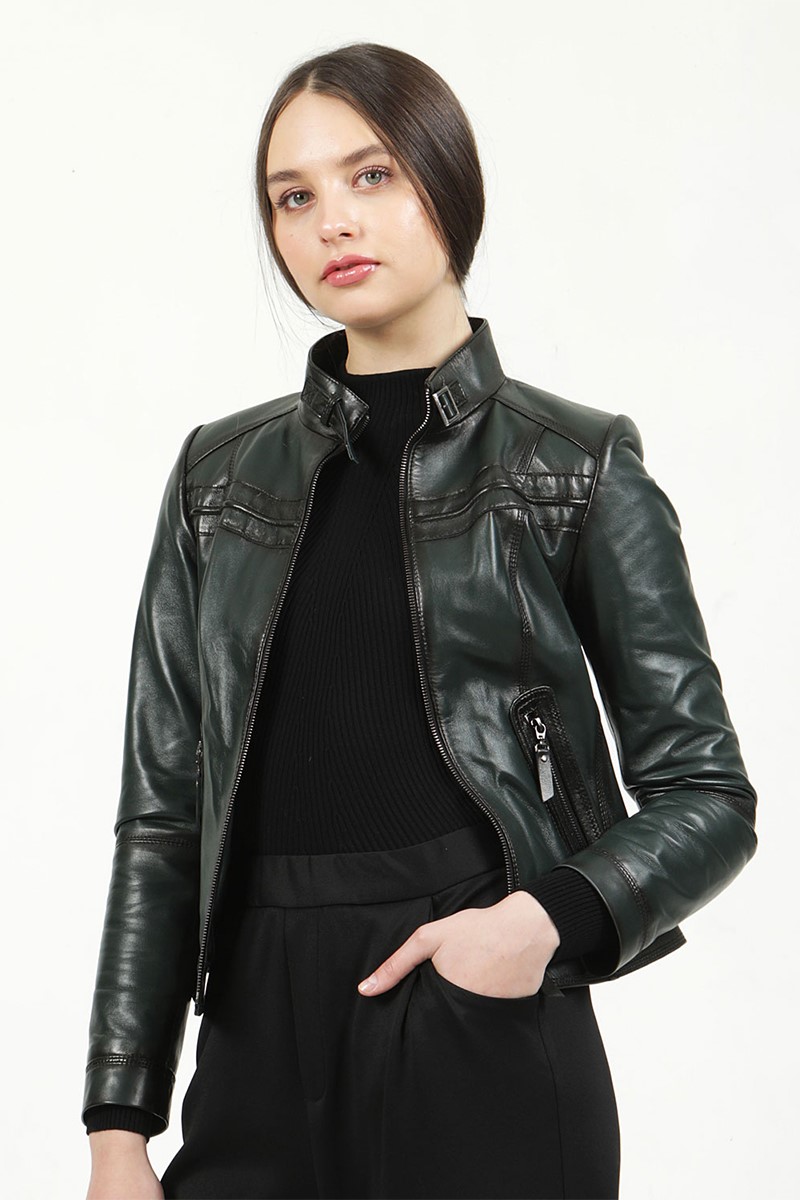 Ženska jakna od prave kože YB-2028 - tamno zelena #319316