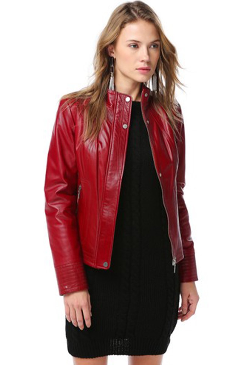 Jaqueta Feminina de Couro Genuíno YB-2036 - Vermelha #319345