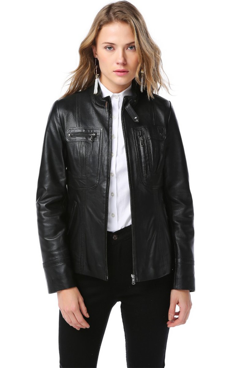 Jaqueta Feminina de Couro Genuíno YB-2043 - Preta #319364