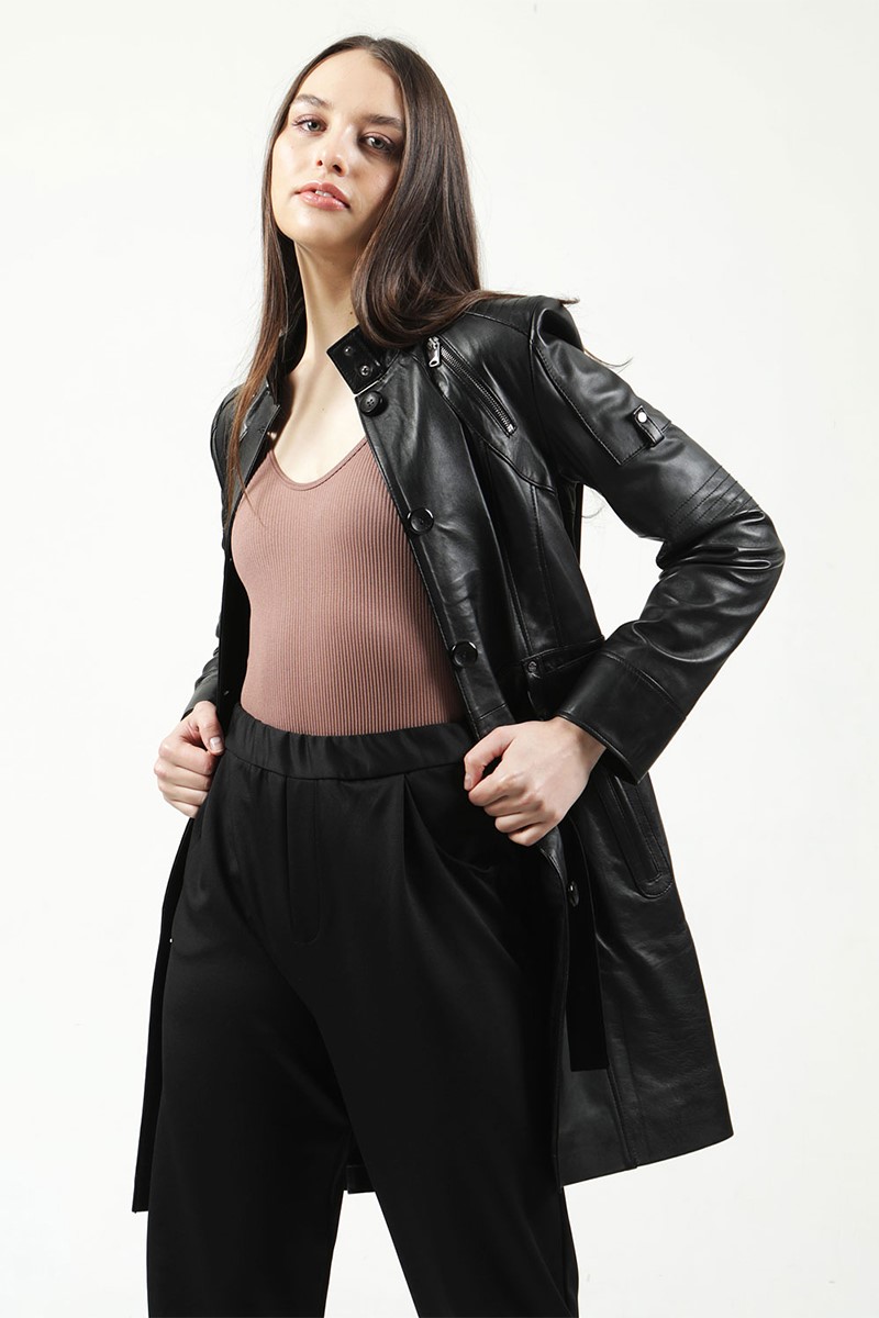 Women's Real Leather Coat - Black #318015