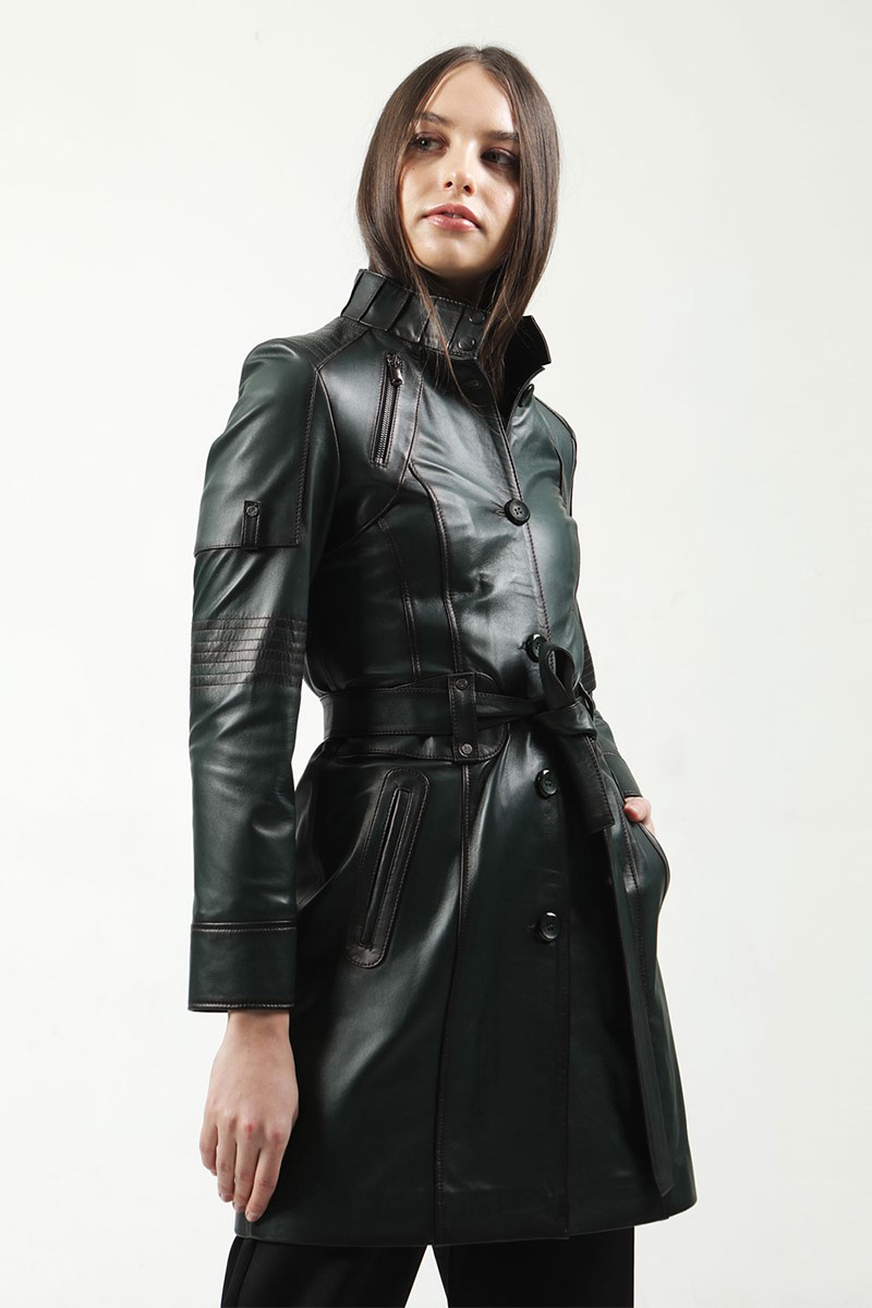 Women's Real Leather Coat - Dark Green #318018