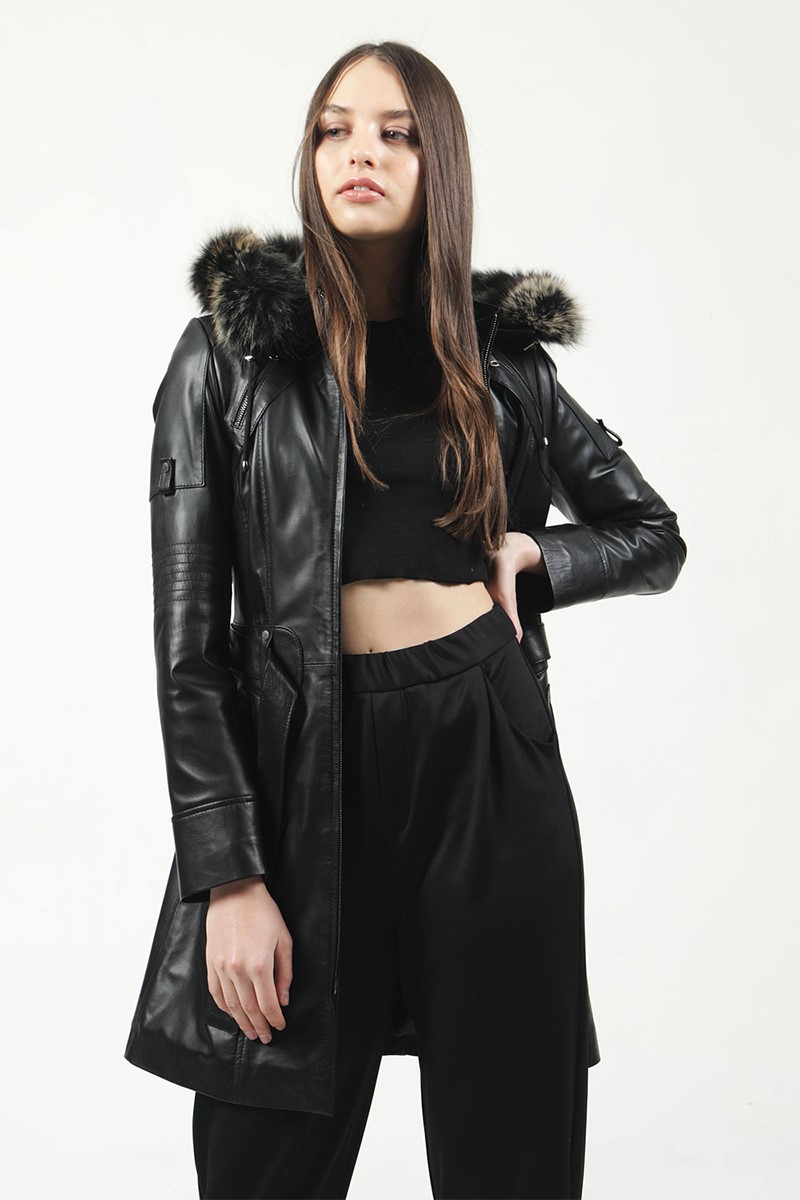 Women's Real Leather Coat - Black #318011