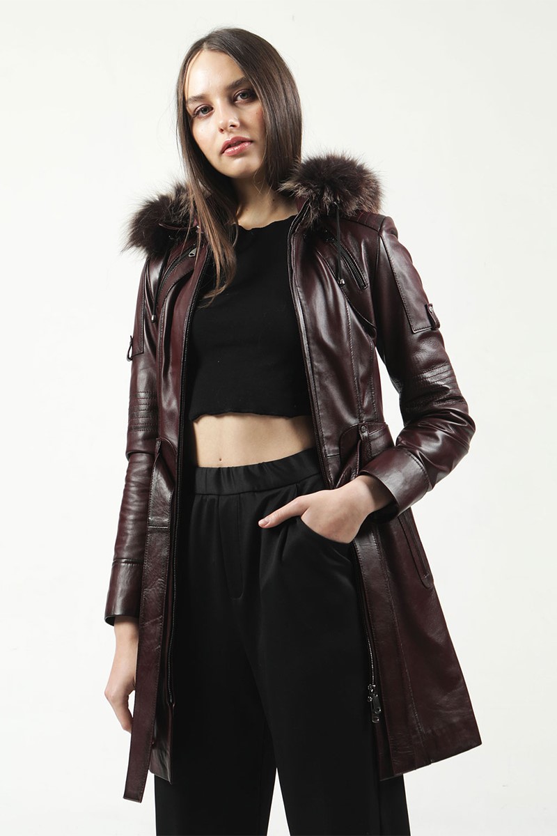 Women's Real Leather Coat - Burgundy #318021