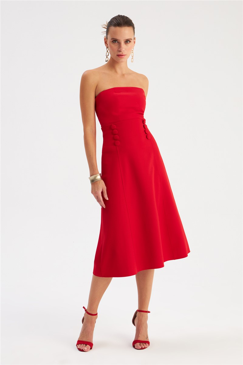 Women's Cut Out Dress With Decorative Buttons - Red #363430