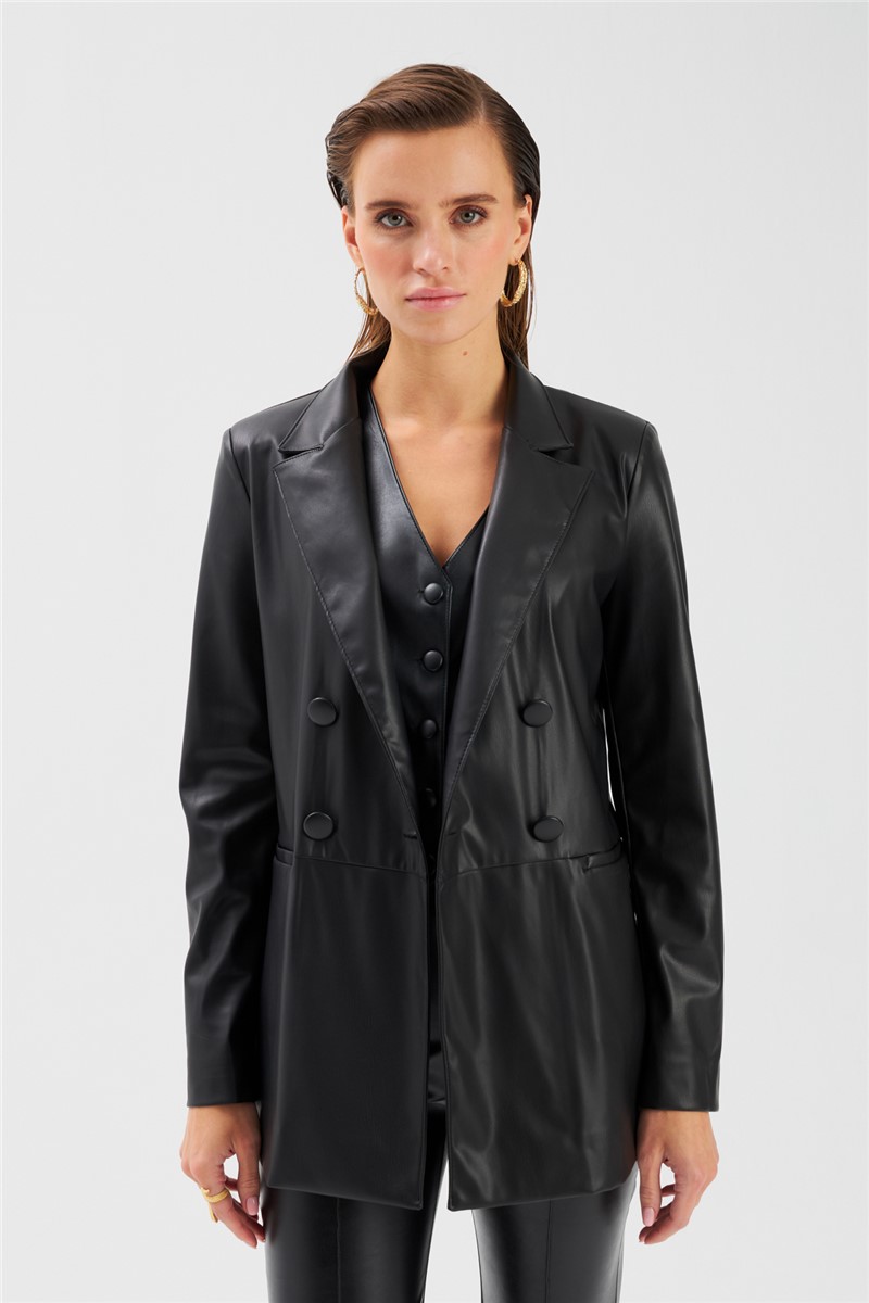 Women's Double Breasted Leather Jacket - Black #363479