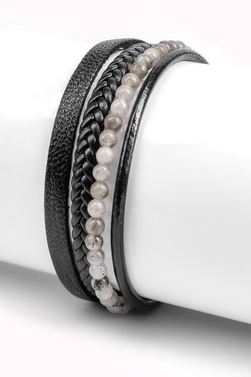 Men's Set of 3 Leather and stone bracelets - Black 20230901020