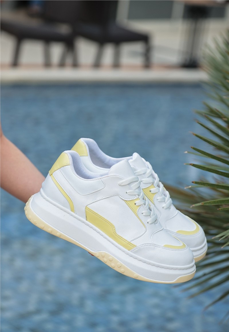Women's Lace Up Sports Shoes - White with Mustard #366684