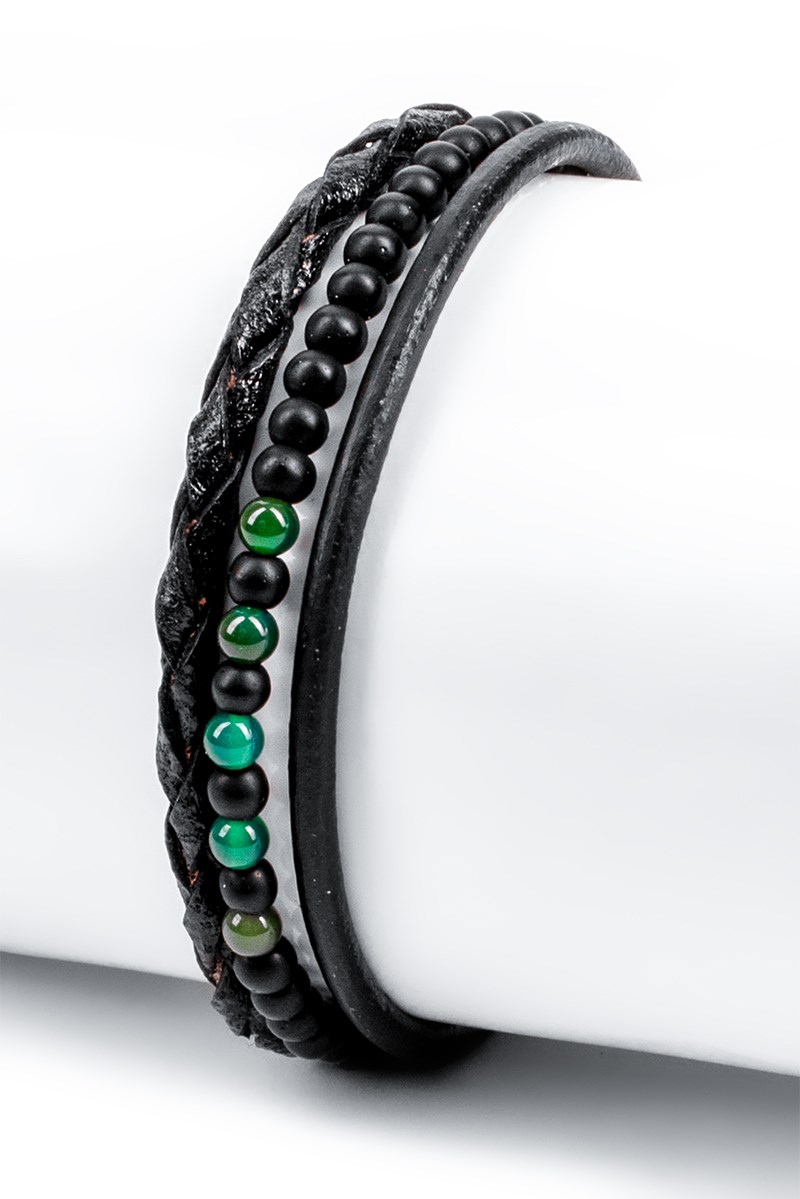 Set di braccialetti con perline in vera pelle da uomo - Nero con verde 20230901010