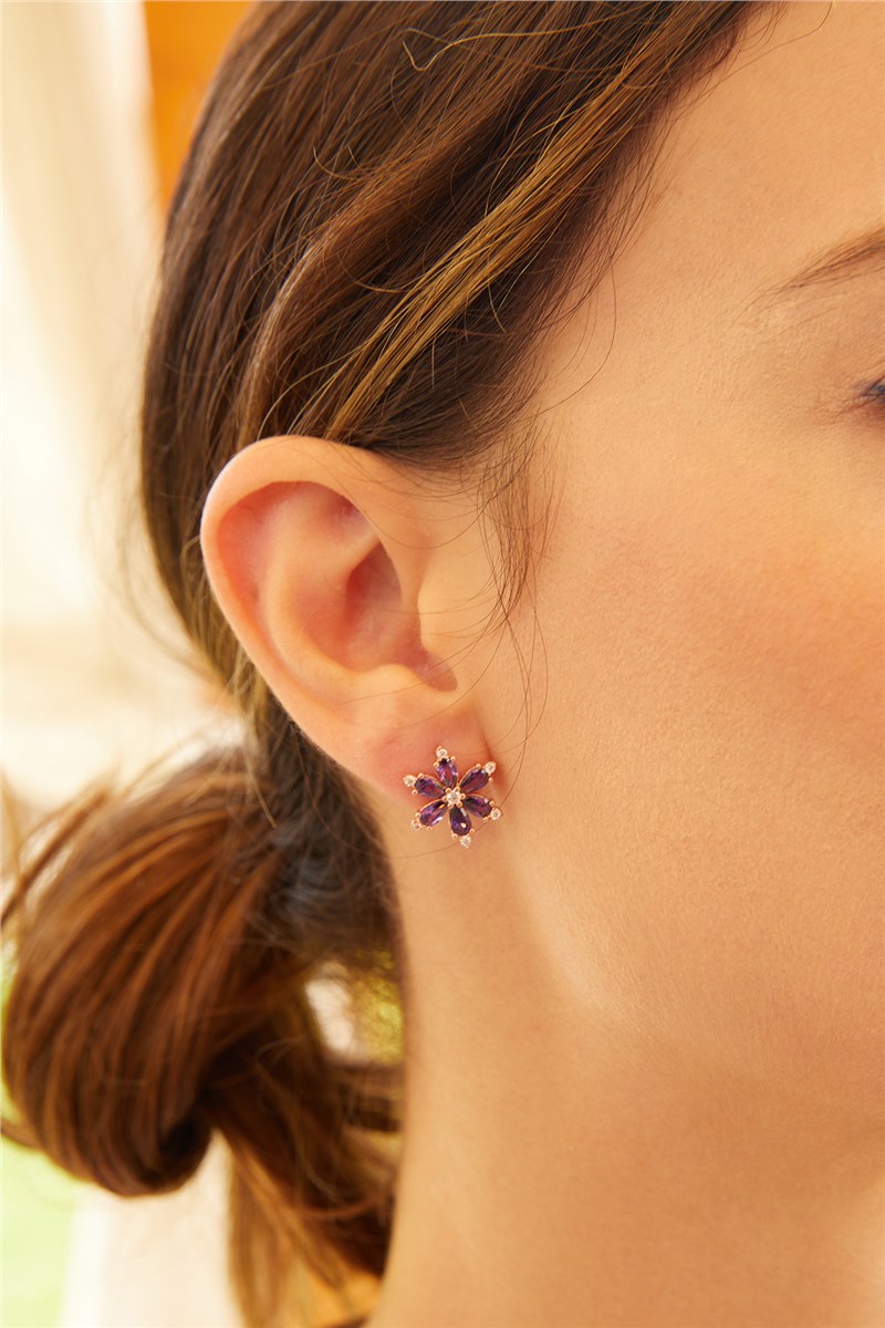 Srebrne naušnice s kamenjem i rozom - Boja ametista #398430