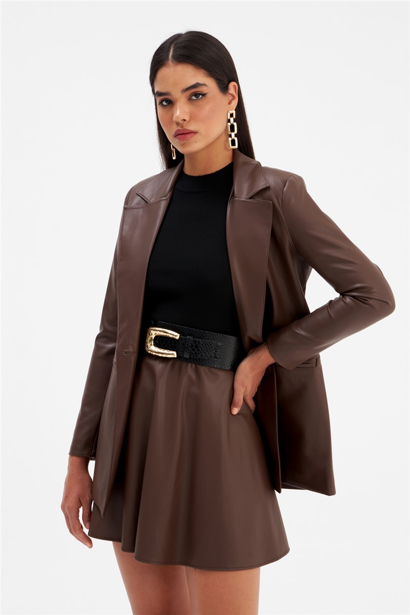 Women's Short Leather Skirt - Dark Brown #361250